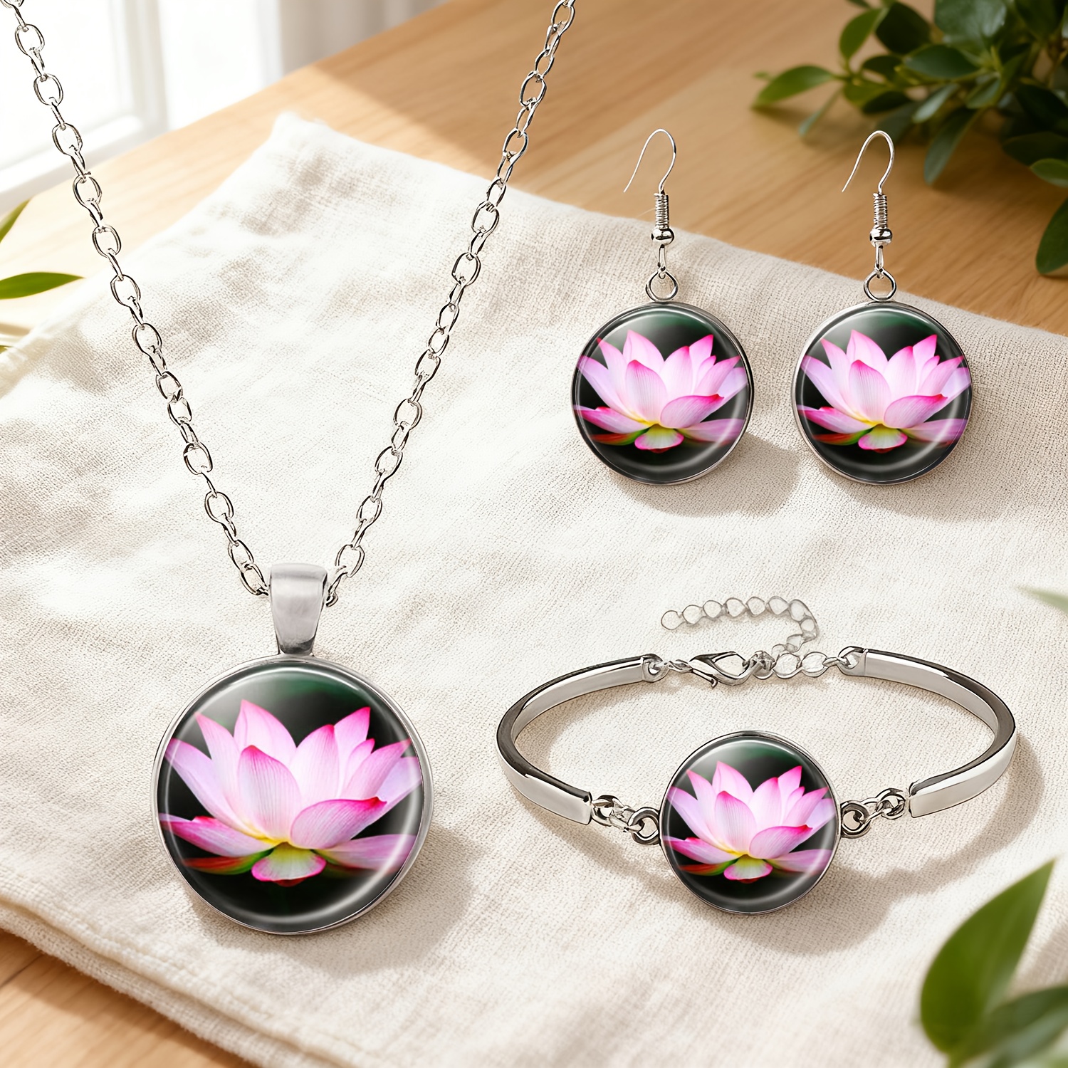 4pcs White Jewelry Set, Necklace, Bracelet & Stud Earrings, Floral Design